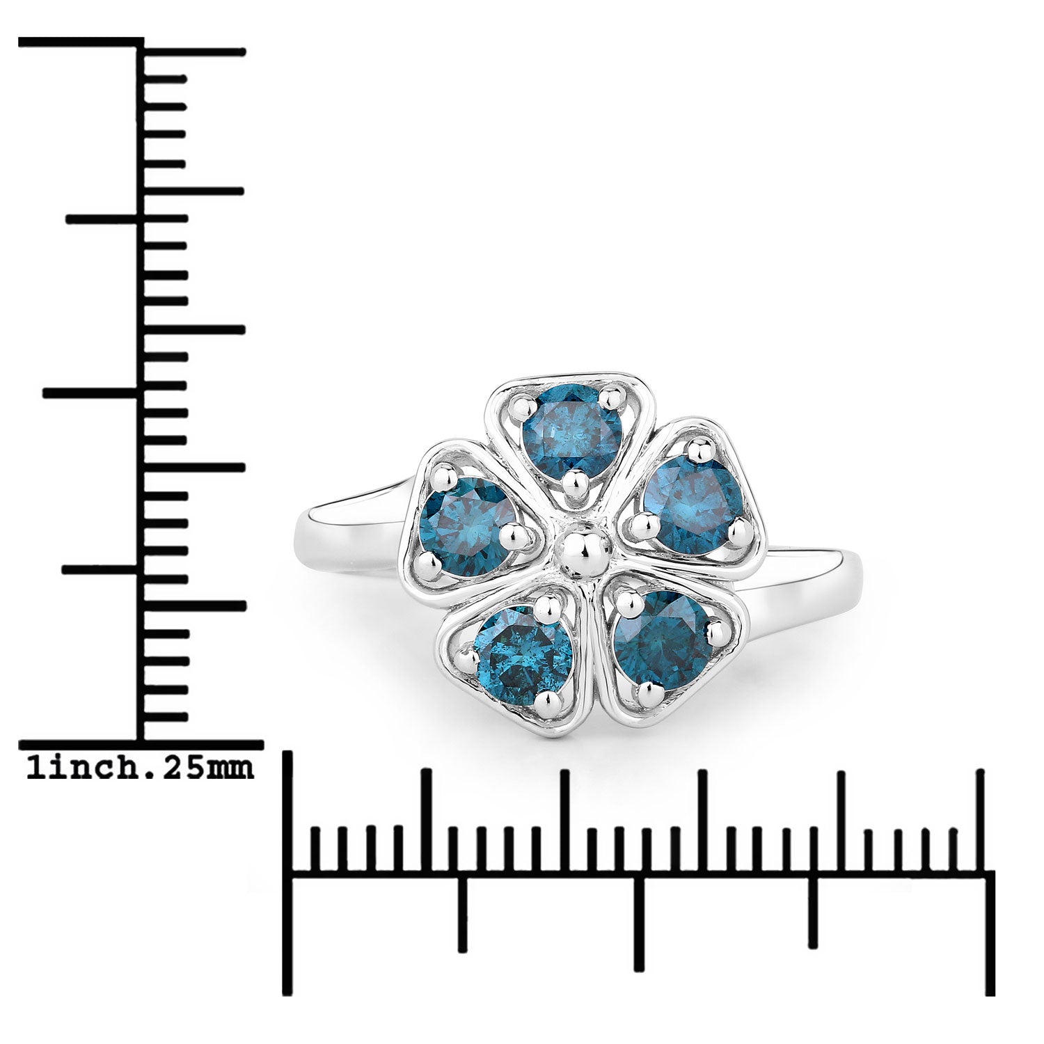 1.01 Cttw Round Teal Blue Diamond Rhodium Plated Silver Floral Cluster Ring