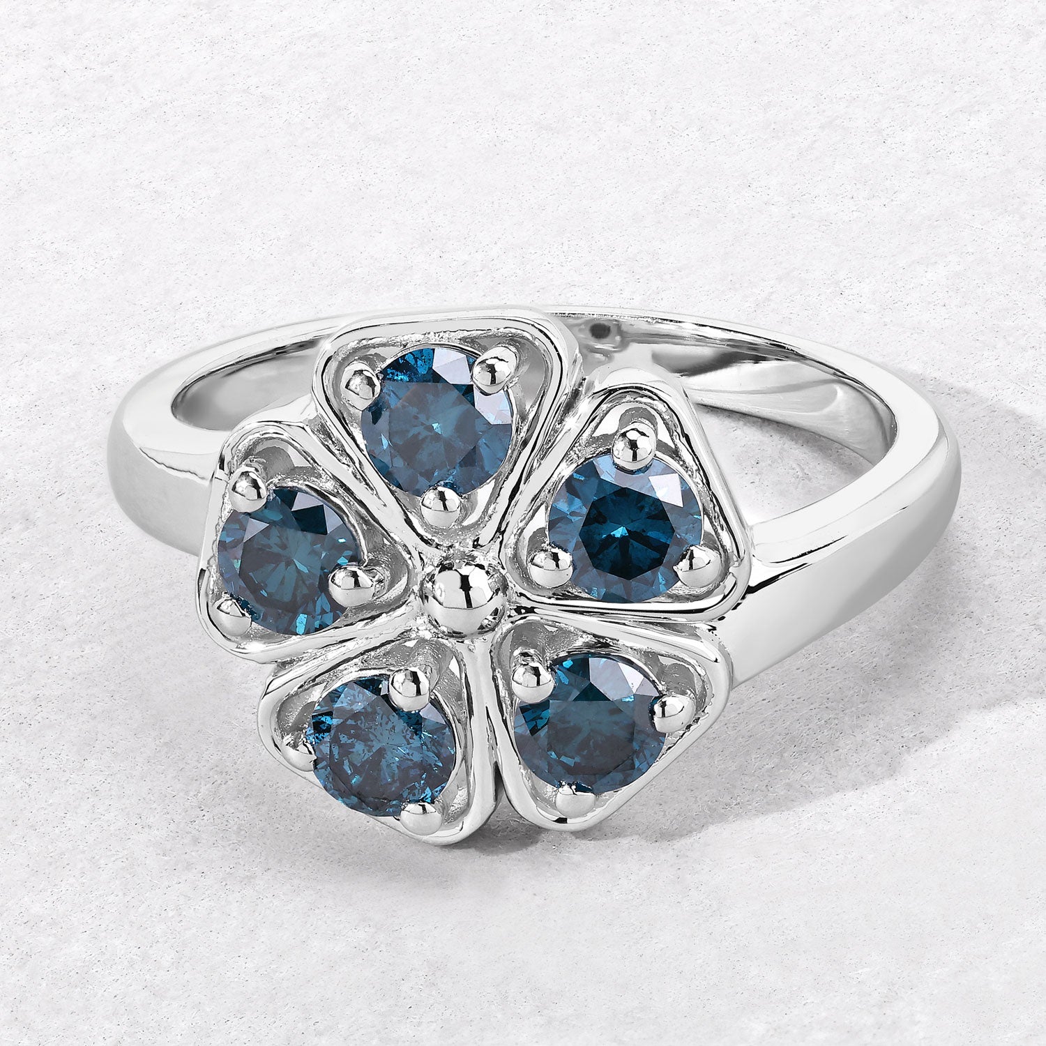 1.01 Cttw Round Teal Blue Diamond Rhodium Plated Silver Floral Cluster Ring