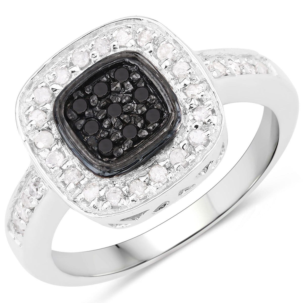 0.43 Cttw Round Black and White Diamond Pavé Rhodium over Silver Cushion Halo Ring