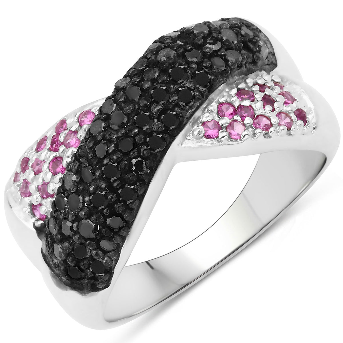 1.04 Cttw Round Black Diamond Created Ruby Pavé Rhodium over Silver Criss-Cross Ring