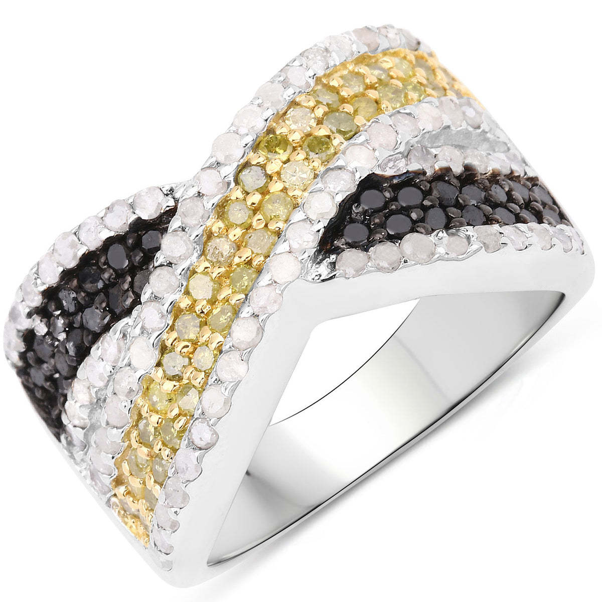 1.57 Cttw Round Multi-Color Diamond Pavé Rhodium over Silver Criss-Cross Ring