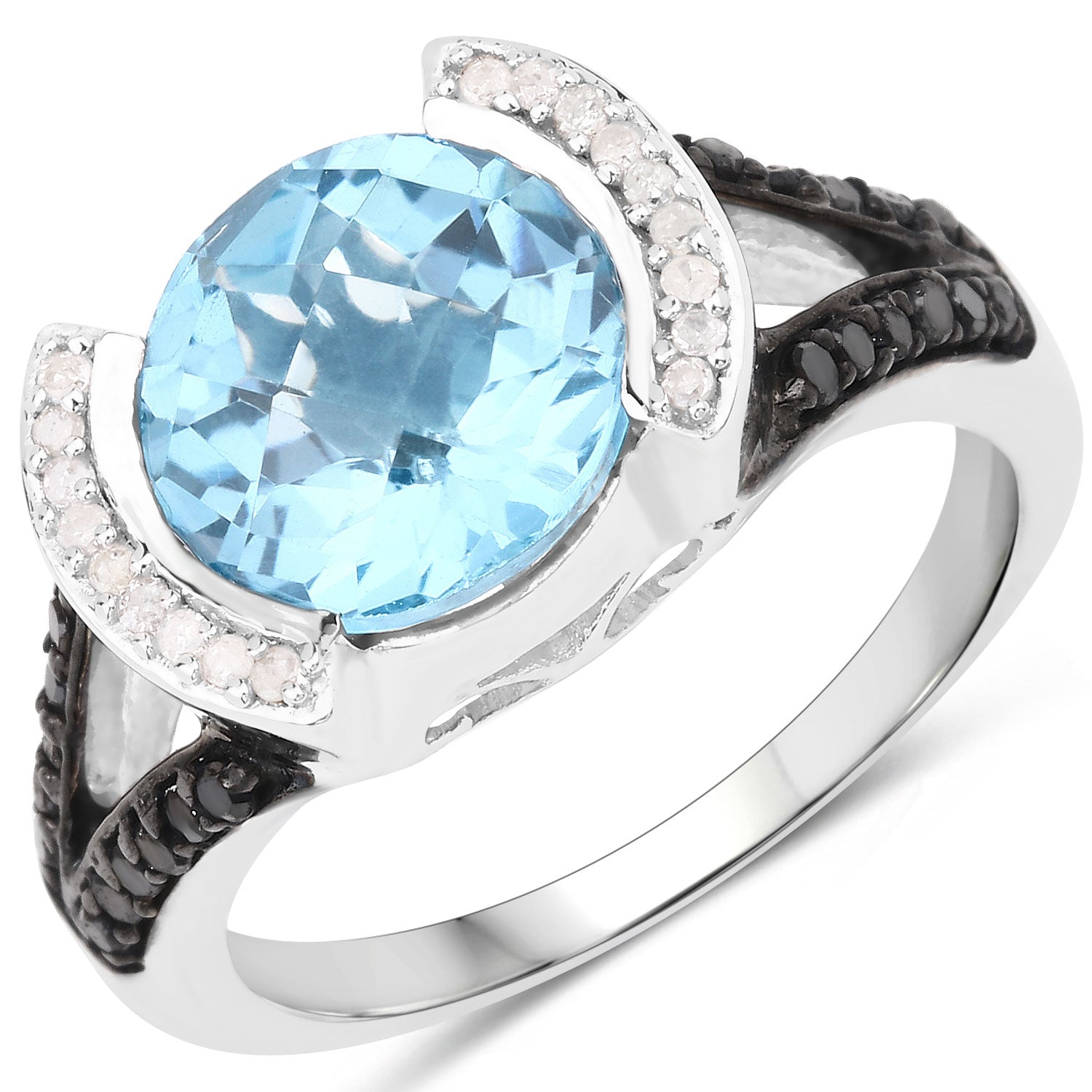 4.99 Cttw Round Swiss Blue Topaz, Black Diamond and White Diamond 925 Sterling Silver Ring