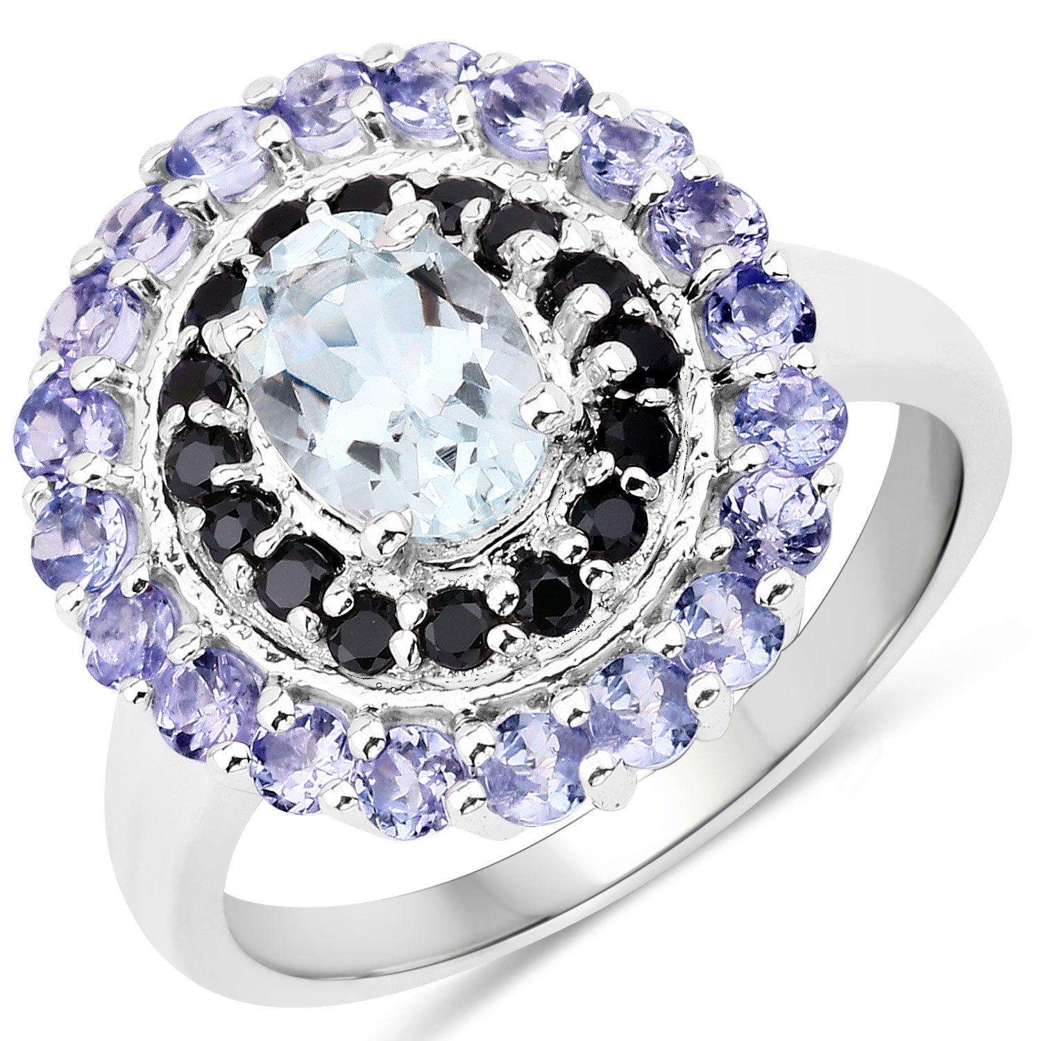 1.62 Cttw Oval Blue AquamarineRhodium over Silver Double Halo Ring