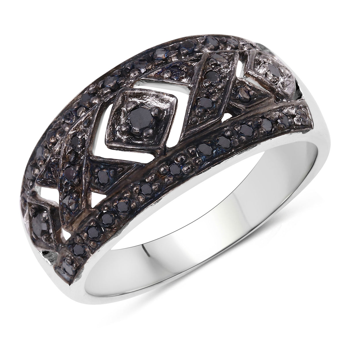0.26 Cttw Round Black Diamond Pavé Rhodium over Silver Geometric Band Ring