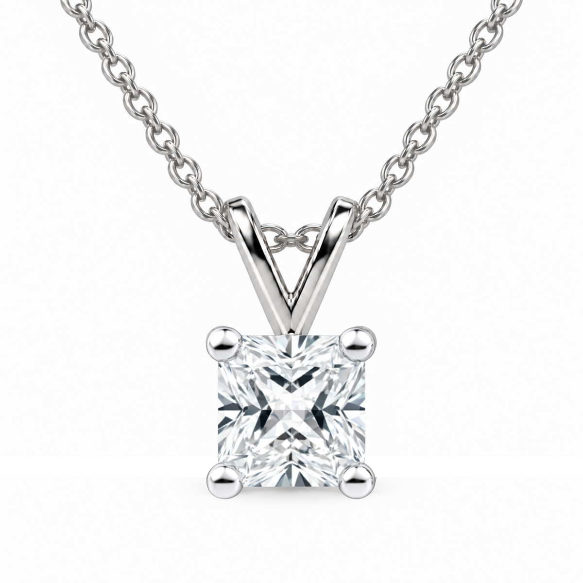 IGI Certified Princess Cut Lab Grown Diamond Rhodium Over Silver Square Solitaire Necklace