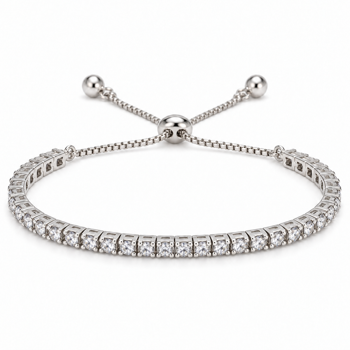 Round Lab Created White Sapphire Prong Tennis Bolo Adjustable Sterling Silver Bracelet