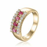 Ruby Statement Engagement Ring with Moissanite in Yellow Gold Plated Sterling Silver - FineColorJewels