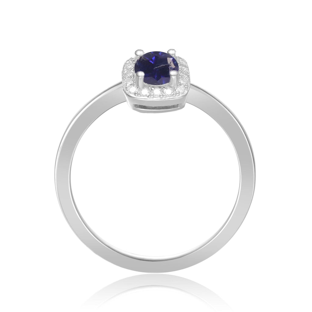 Natural Blue Sapphire Halo Solitaire Ring With Accents in 925 Sterling Silver - FineColorJewels