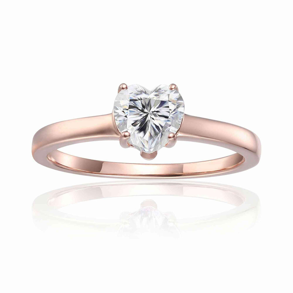 Heart Moissanite Solitaire Ring in Rose Gold Plated Sterling Silver - FineColorJewels
