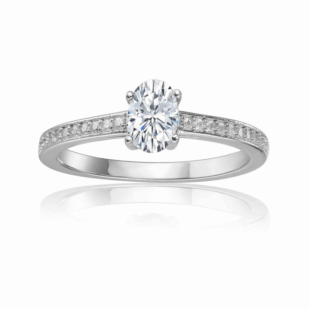 Moissanite Solitaire Ring with Moissanite Accents in Sterling Silver - FineColorJewels