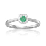 Natural Emerald Halo Solitaire Ring in Rhodium Plated Sterling Silver Dainty Stackable Ring Emerald Stacking Ring Gift For Women- FineColorJewels