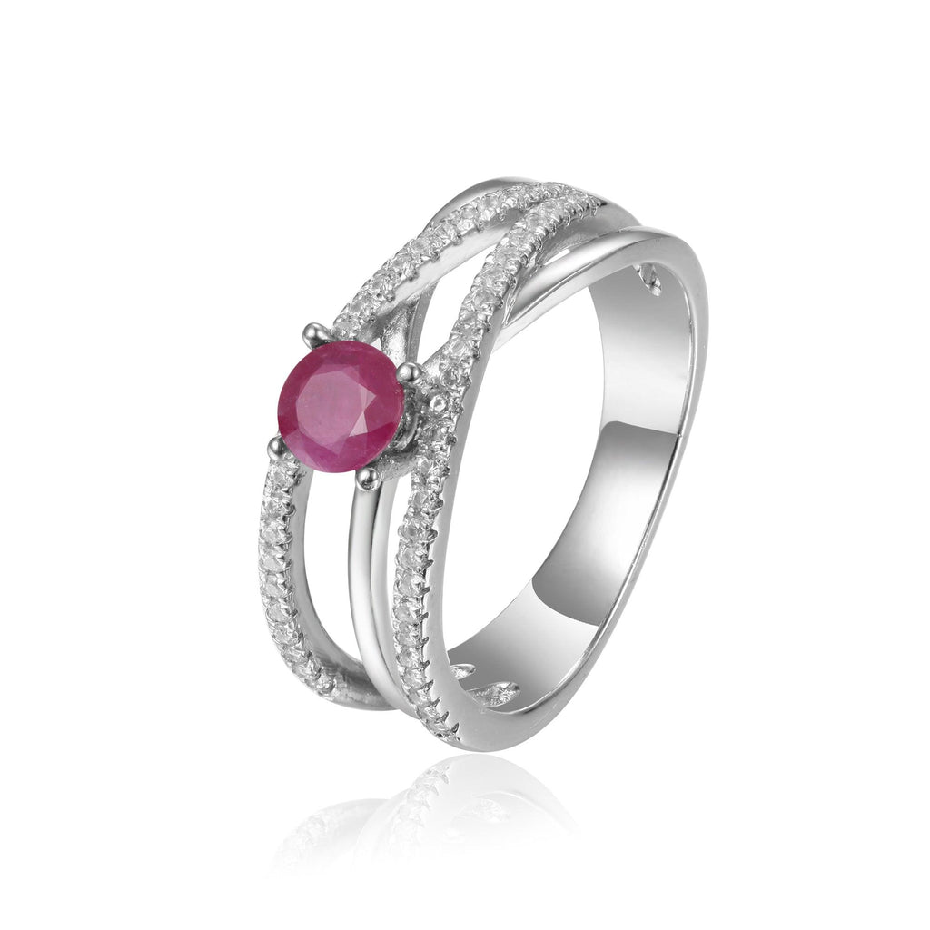 Round cut Genuine Ruby Engagement Ring with White Sapphire - FineColorJewels