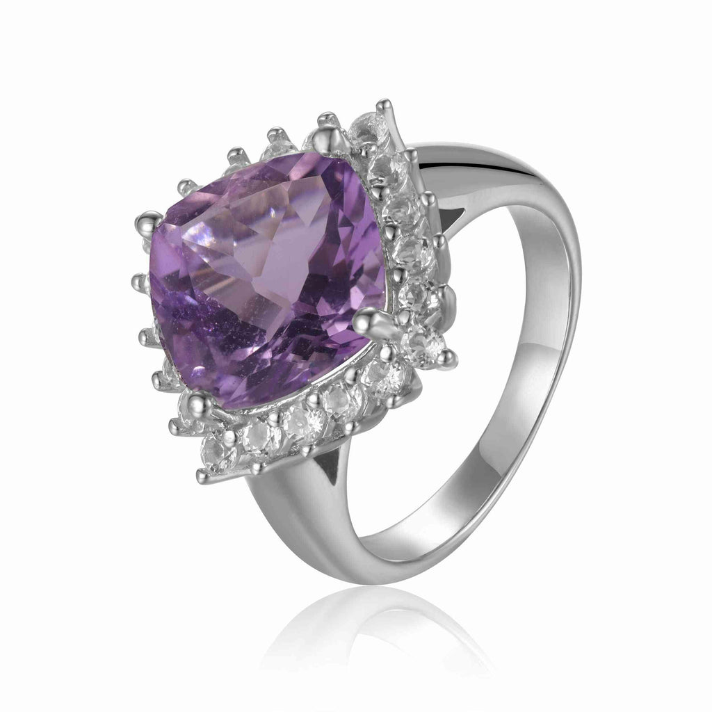 Barbie Like Pink Amethyst Cushion Checkerboard Halo Ring Princess Style Ring - FineColorJewels