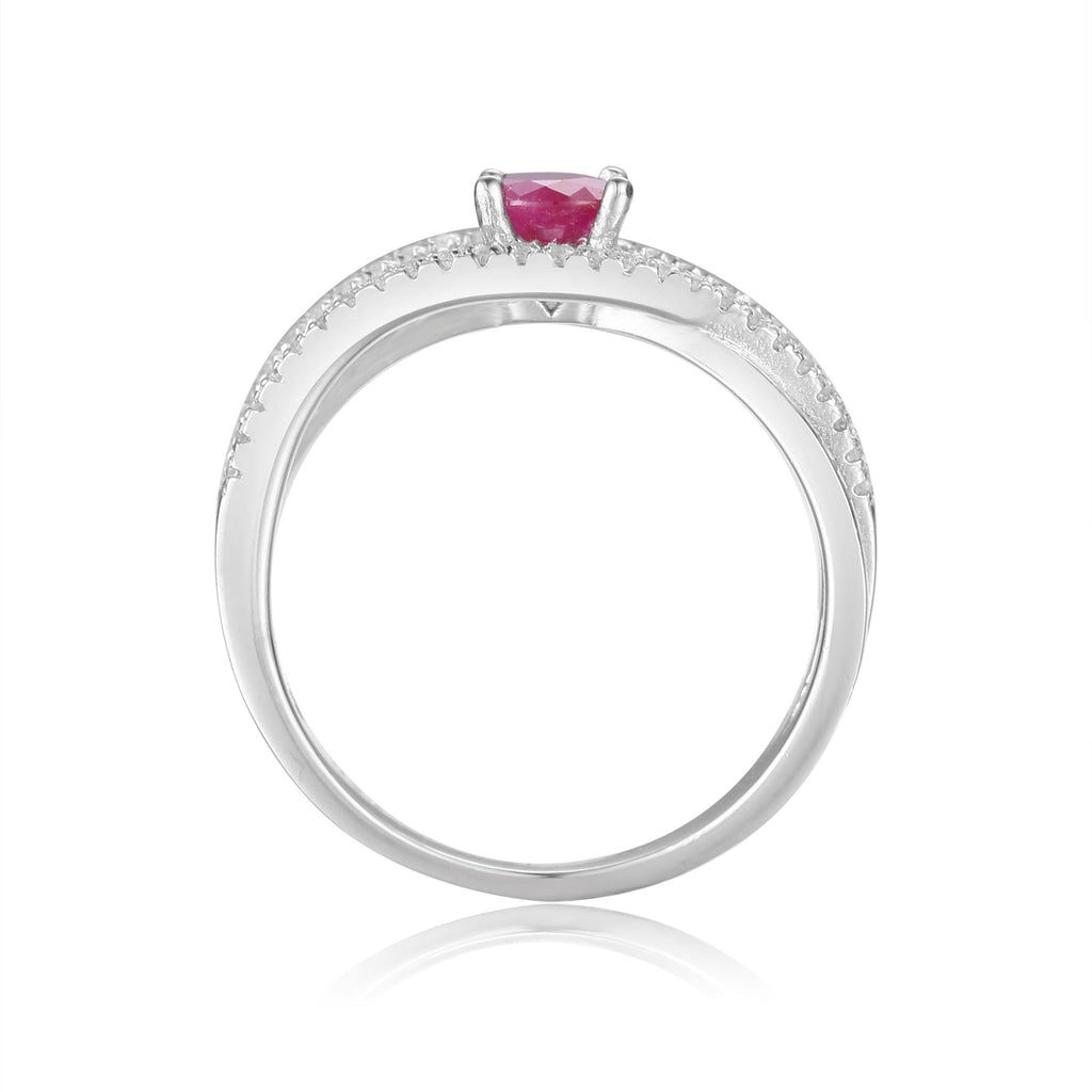 Round cut Genuine Ruby Engagement Ring with White Sapphire - FineColorJewels