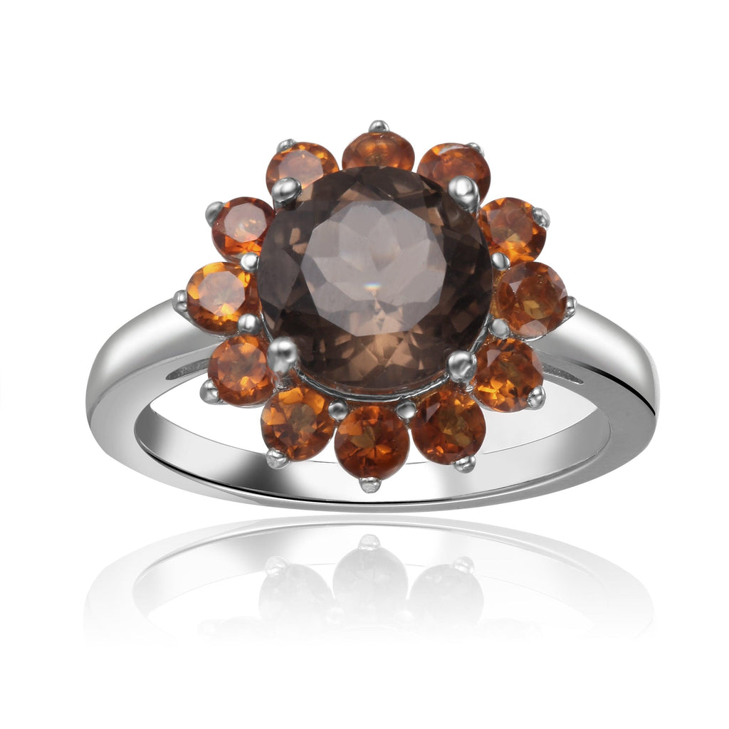 Sterling Silver Smoky Quartz with Citrine Ring - FineColorJewels