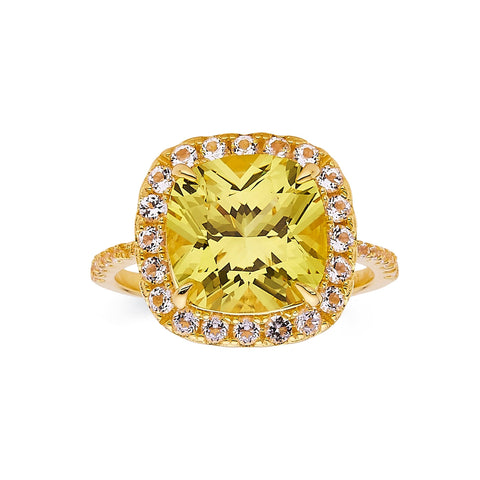 Canary Yellow Sapphire Ring Yellow Cushion Halo Ring 18K Gold Plated Sterling Silver Lab Grown Sapphire Engagement Best Ring Gift For Her - FineColorJewels