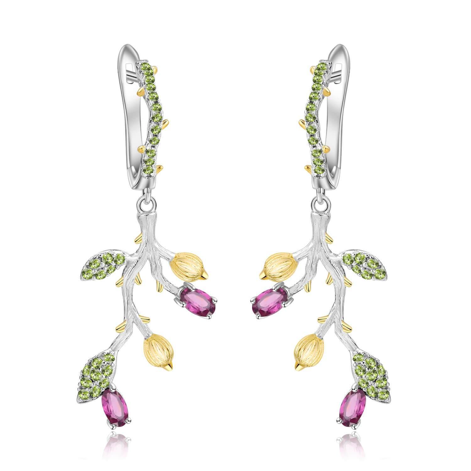 Artisan Rhodolite Garnet Nature Inspired Earrings.
$ 50 - 100, Rhodolite Garnet, Oval, Red, Pink, 925 Sterling Silver, Dangle