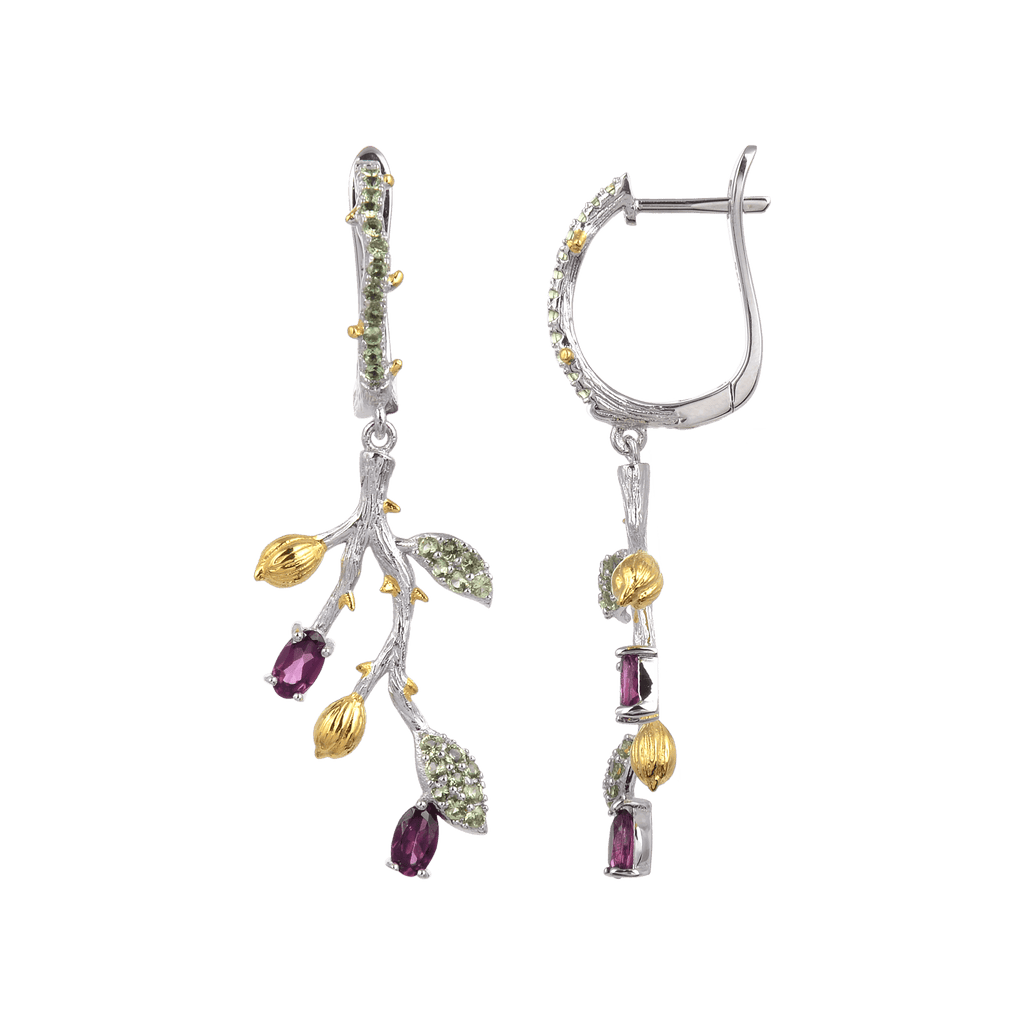 Artisan Rhodolite Garnet Nature Inspired Earrings.
$ 50 - 100, Rhodolite Garnet, Oval, Red, Pink, 925 Sterling Silver, Dangle