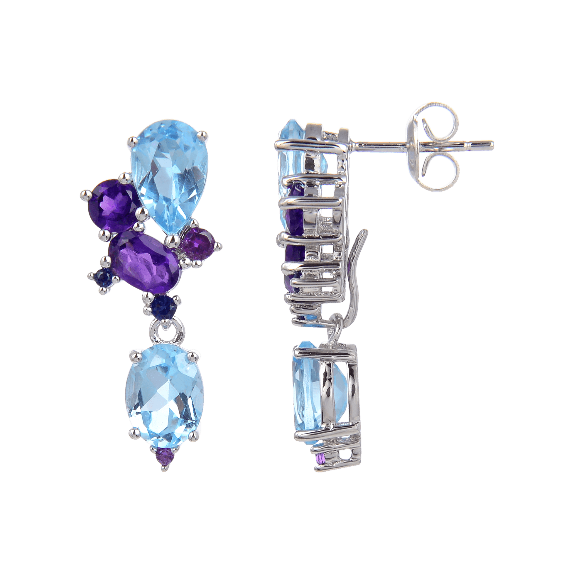 Classic Sterling Silver Blue Topaz and Amethyst Earrings.
$ 50 - 100, Blue Topaz, Amethyst, Purple, Blue, Oval, Pear, 925 Sterling Silver, Dangle