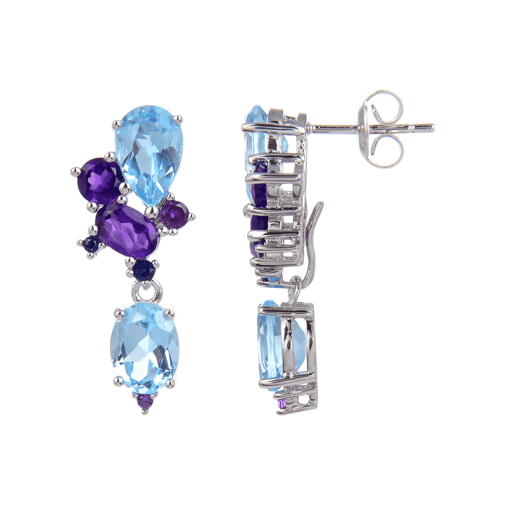 Classic Sterling Silver Blue Topaz and Amethyst Earrings.
$ 50 - 100, Blue Topaz, Amethyst, Purple, Blue, Oval, Pear, 925 Sterling Silver, Dangle