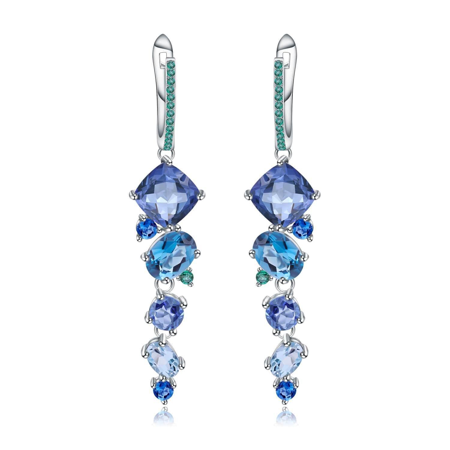 Classic Sterling Silver Mystic Quartz and Blue Topaz Earrings.
$ 50 - 100, Blue Topaz, Cushion, Oval, Round, Blue, Iolite, 925 Sterling Silver, Dangle, Drop