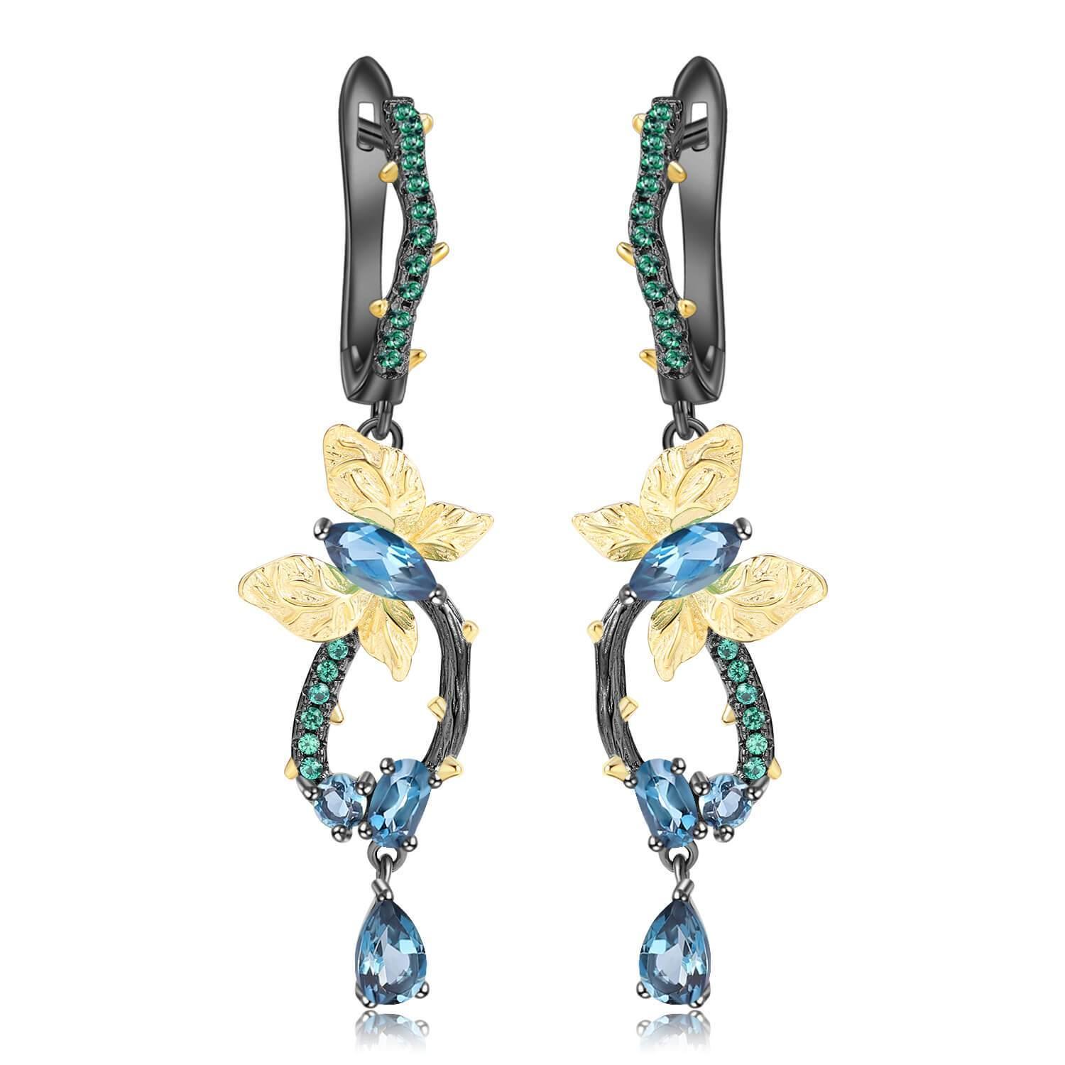 Artisan Blue Topaz Gold-Plated Butterly Earrings.
$ 50 - 100, Blue Topaz, Marquise, Oval, Pear, Blue, Green, 925 Sterling Silver, 925 Sterling Silver Ð Gold Plated Yellow, Dangle, Drop