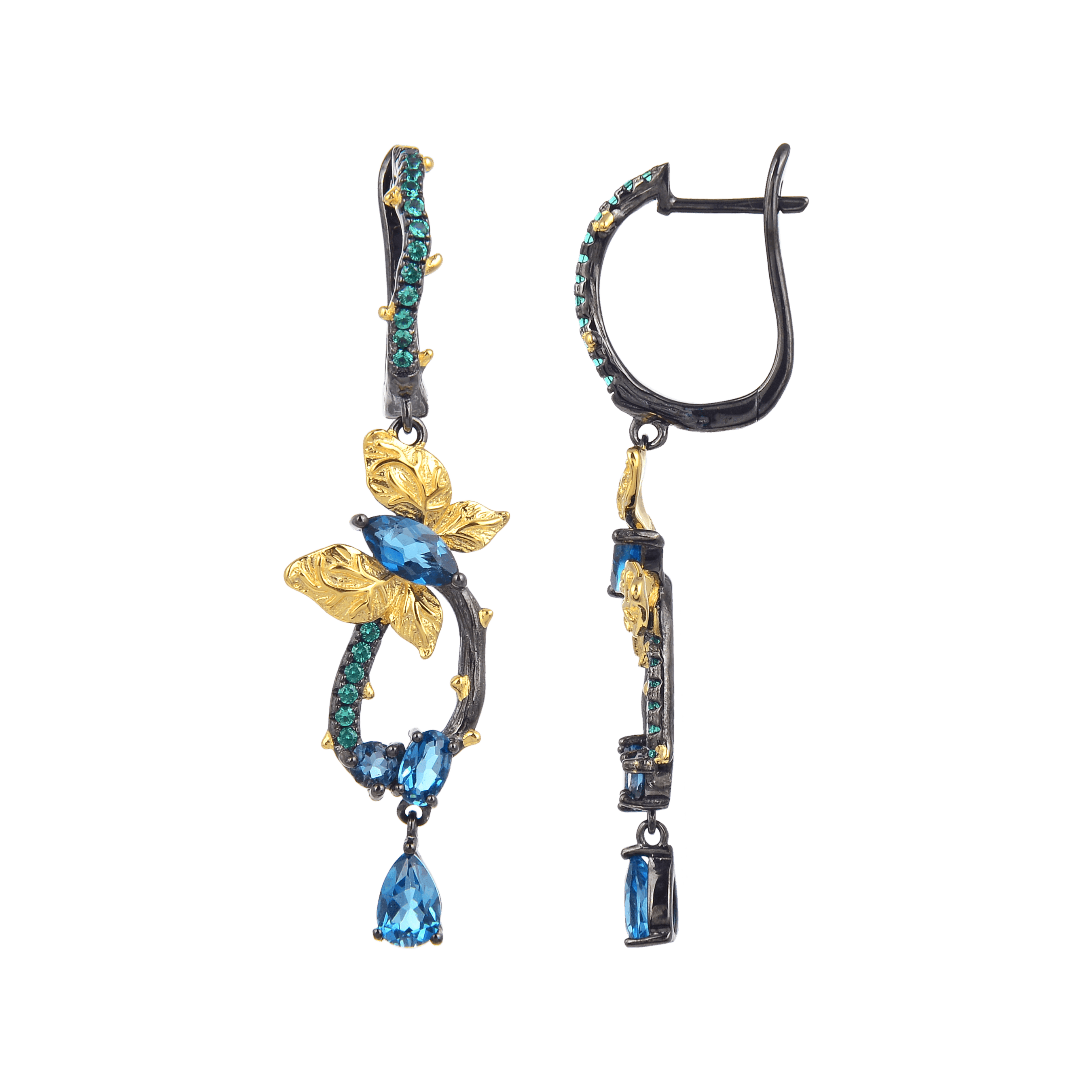 Artisan Blue Topaz Gold-Plated Butterly Earrings.
$ 50 - 100, Blue Topaz, Marquise, Oval, Pear, Blue, Green, 925 Sterling Silver, 925 Sterling Silver Ð Gold Plated Yellow, Dangle, Drop