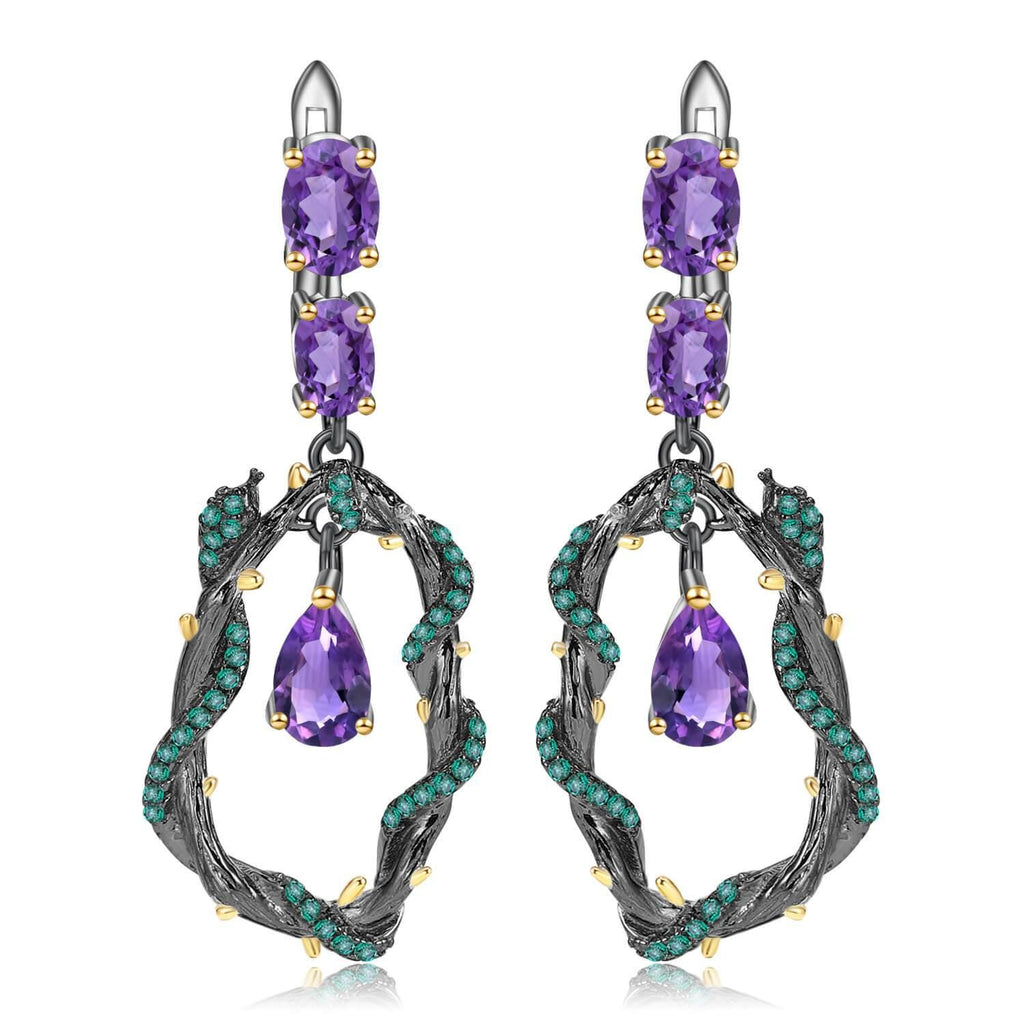 Exotic Nature Inspired Amethyst Earrings.
$ 50 - 100, Amethyst, Purple, Oval, 925 Sterling Silver, Drop, Dangle, Hoop