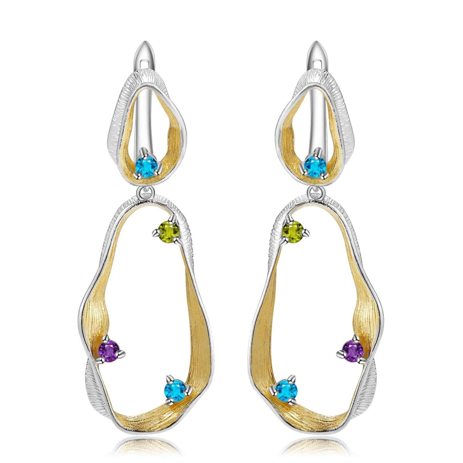 Signature Rhodium and Gold Plated Earrings.
$ 50 - 100, Blue Topaz, Peridot, Amethyst, Round, 925 Sterling Silver, Dangle, Hoop