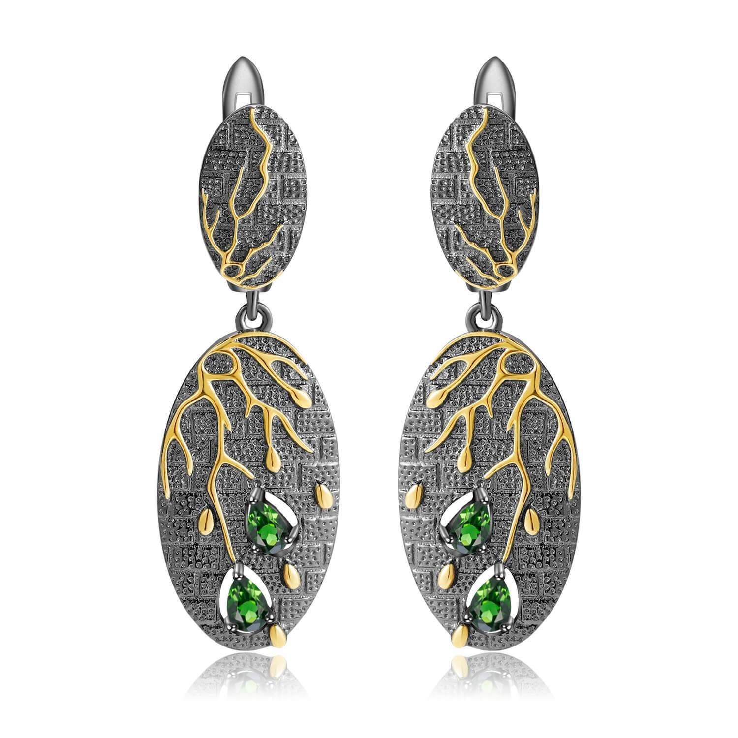 Artisan Gold Plated Dangling Diopside Earrings, $ 50 - 100, Green, Pear, 925 Sterling Silver, 925 Sterling Silver - Gold Plated Yellow, Dangle, Drop