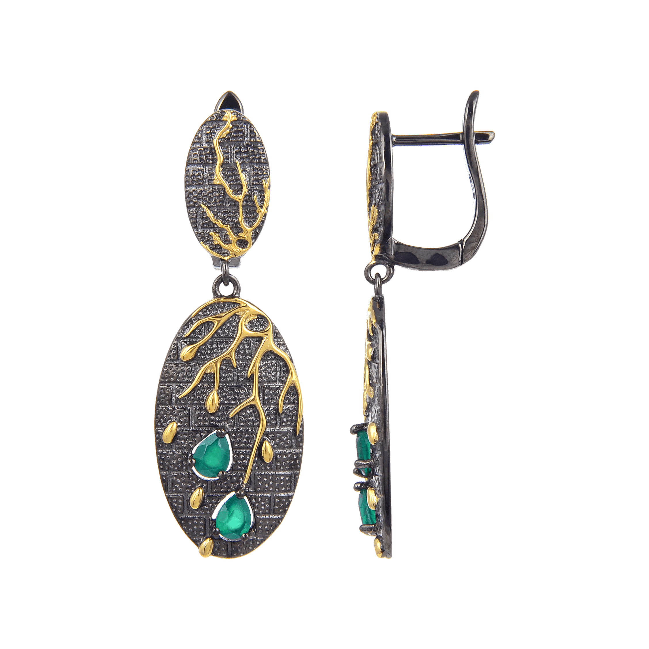 Artisan Gold Plated Dangling Diopside Earrings, $ 50 - 100, Green, Pear, 925 Sterling Silver, 925 Sterling Silver - Gold Plated Yellow, Dangle, Drop