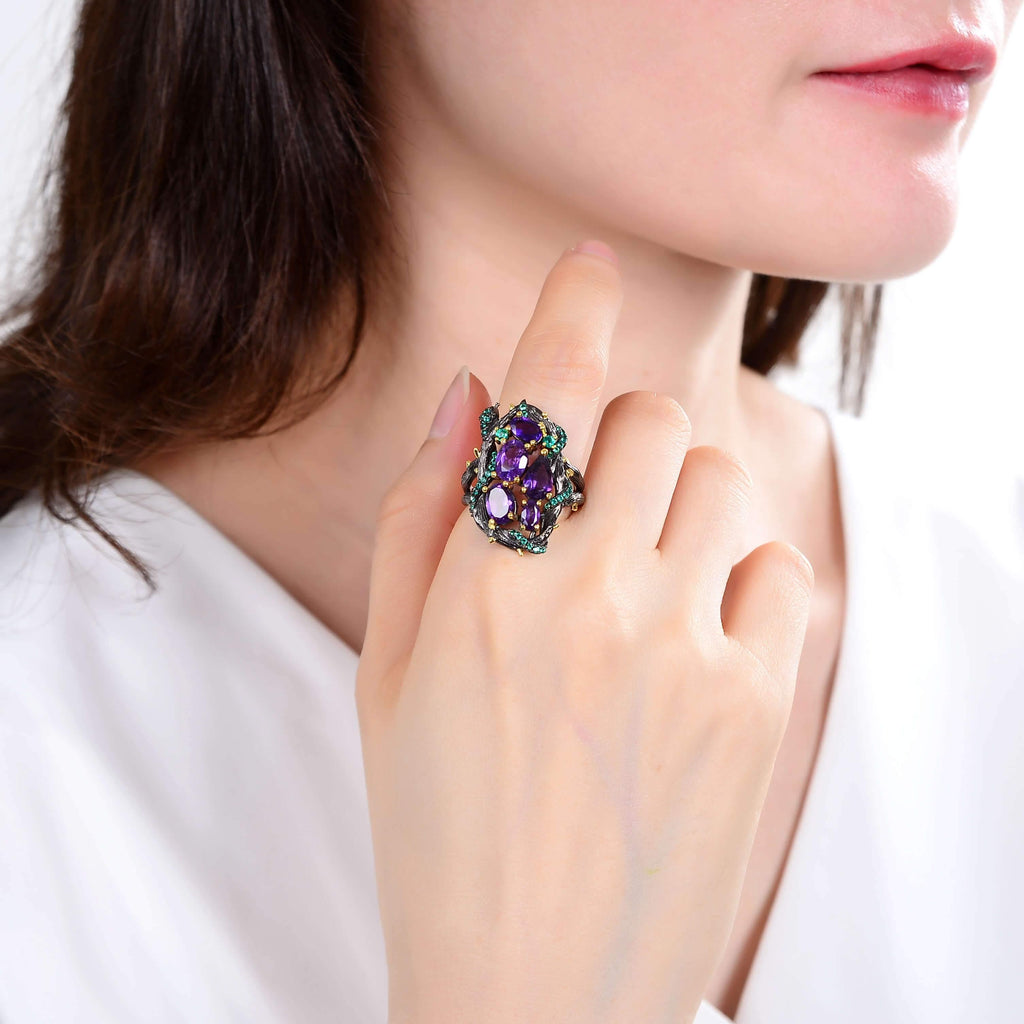 Exotic Nature Inspired Amethyst Ring.
$ 50 - 100, Amethyst, Purple, Green, Oval, Pear, 925 Sterling Silver, Cocktail 