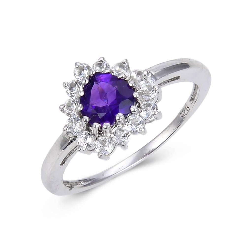 Signature Sterling Silver Heart Shaped Amethyst White Topaz Ring.
$ 50 & Under, 6, 7, Purple, Heart Shape, Amethyst, Purple, White Topaz, 925 Sterling Silver, Halo RIng