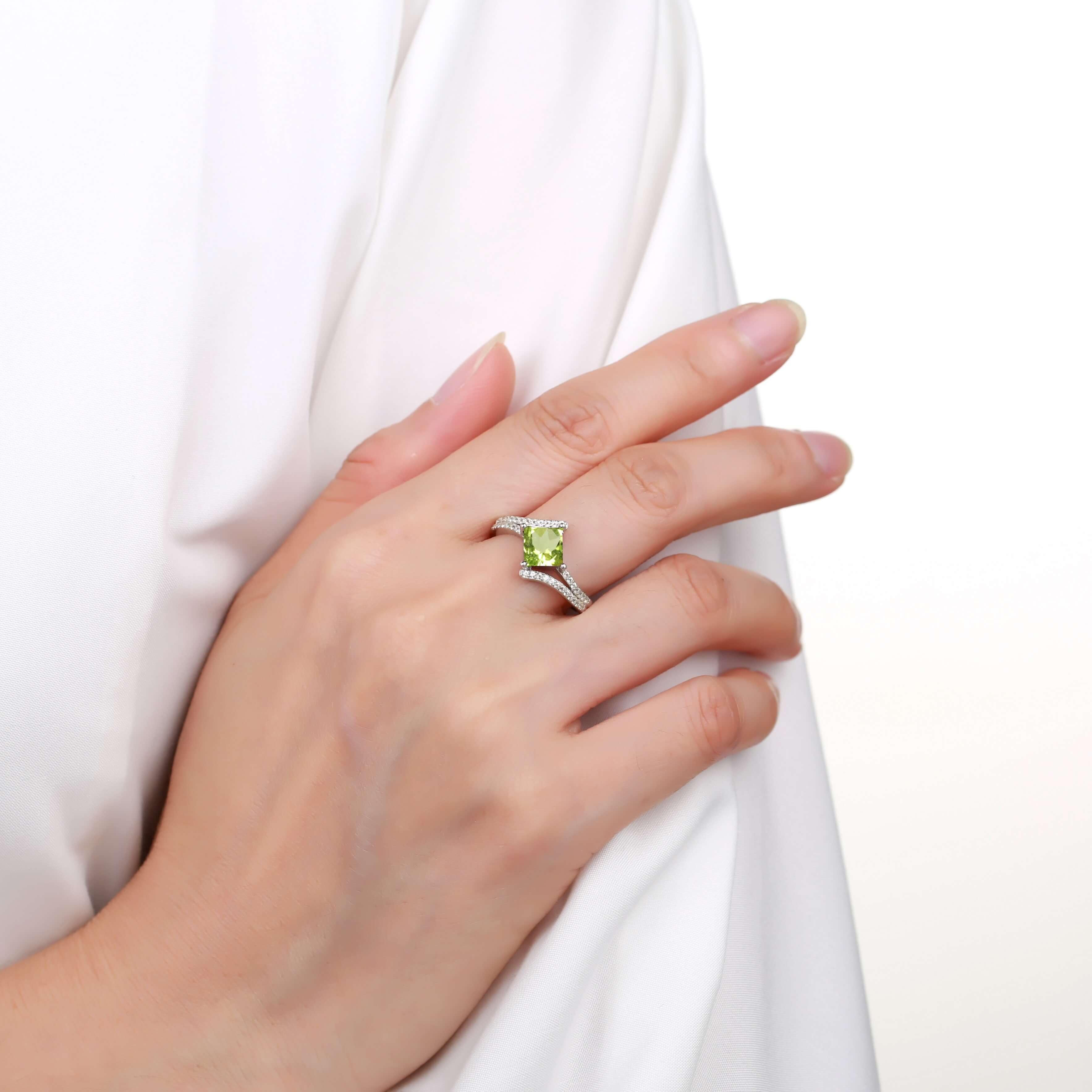 Refined Square Princess cut Natural Peridot Ring with White Sapphire