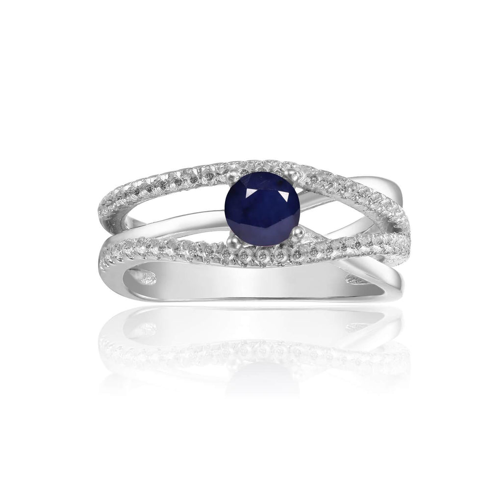 Ornate Round cut Genuine Blue Sapphire Ring with White Sapphire