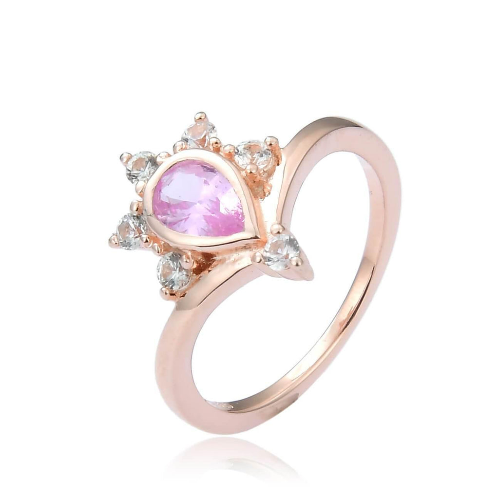 Regal Pear Shaped Pink Sapphire Ring in Yellow Gold Plated Sterling Silver