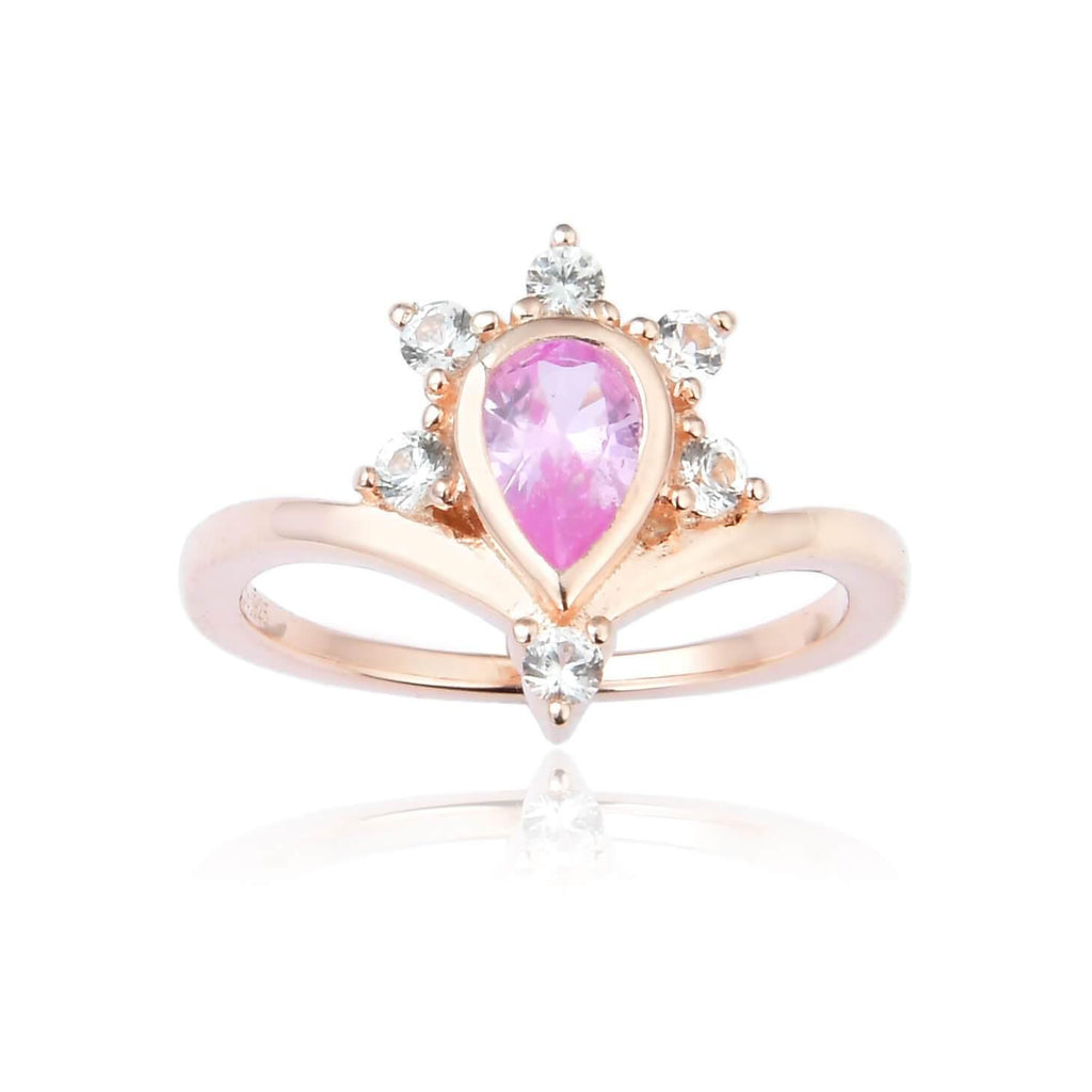 Regal Pear Shaped Pink Sapphire Ring in Yellow Gold Plated Sterling Silver