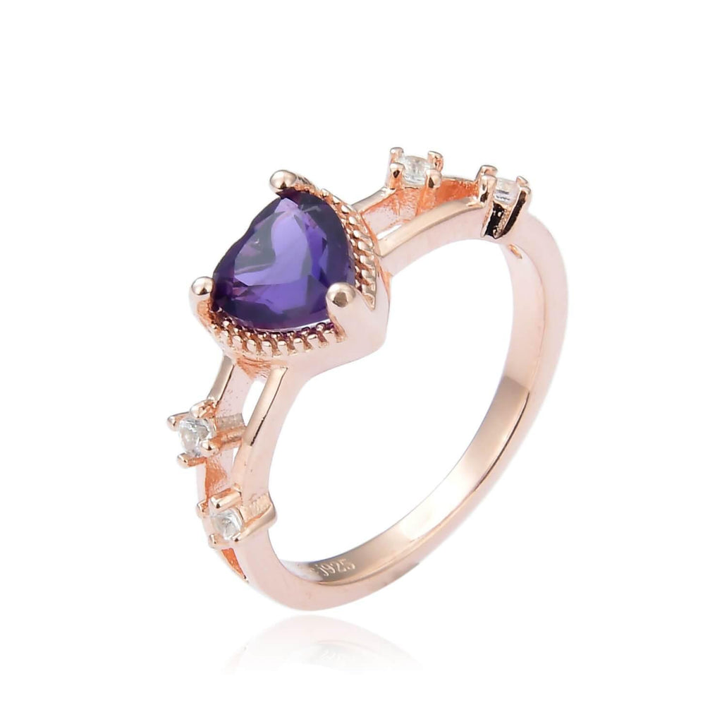 Dainty Amethyst Heart Shaped Rose Gold Plated Sterling Silver Ring