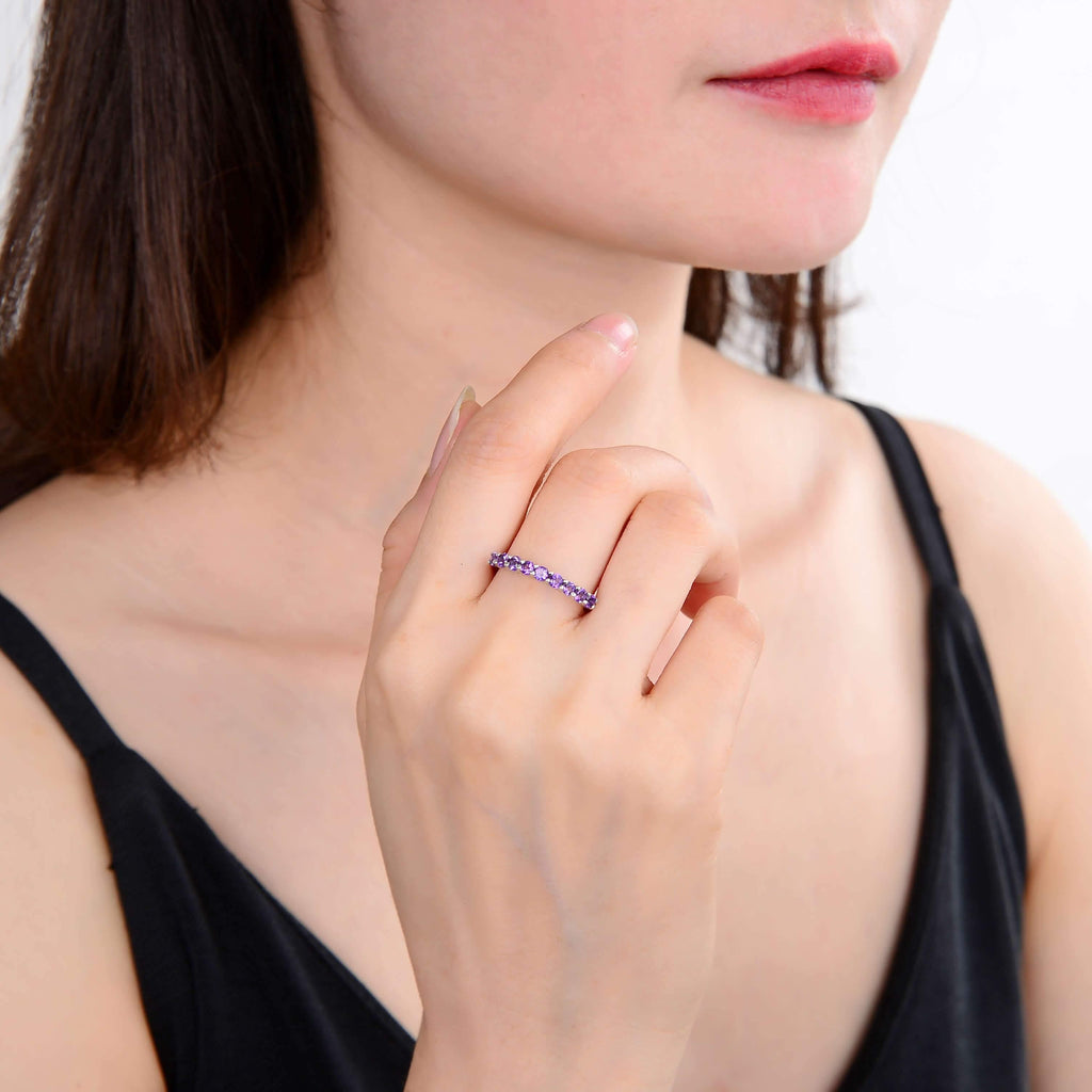 Stackable Sterling Silver Round Amethyst Ring.
$ 50 & Under, 6, 7, 8, Purple, Round Shape, Amethyst, Purple, White Topaz, 925 Sterling Silver, Eternity Band.
