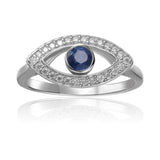 Blue Sapphire Evil Eye Ring, sapphire and moissanite ring, sterling silver plated sapphire ring