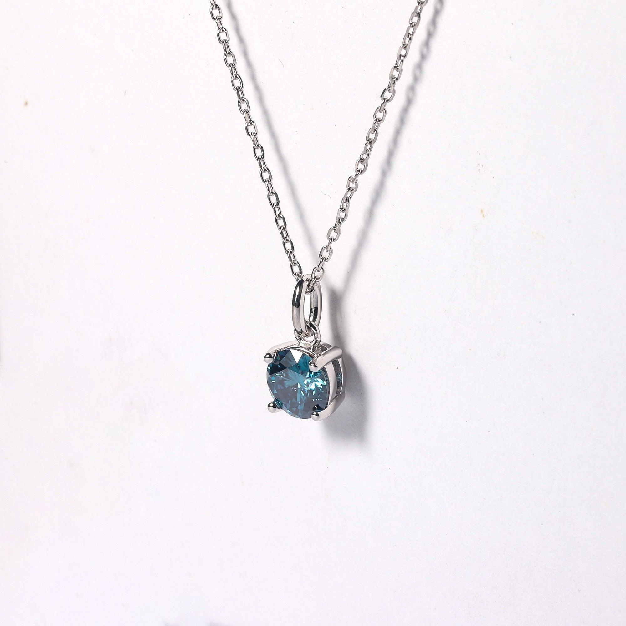 Blue Solitaire Pendant Necklace Blue Minimalist Necklace Certified Moissanite Necklace Blue Gemstone Jewelry Gift for Women Valentines Gift - FineColorJewels