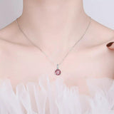 model showcasing Pink Solitaire Necklace Moissanite Minimalist Necklace - FineColorJewels