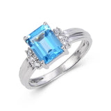 Sterling Silver Emerald Cut Blue Topaz Ring Accented with White Topaz.
$ 50 & Under, 6, 7, 8, Blue, Emerald Cut, Blue Topaz, White Topaz, 925 Sterling Silver, Fashion