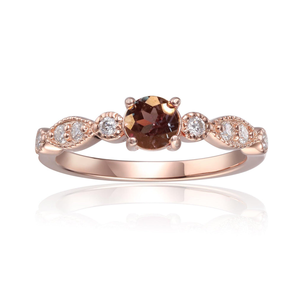 Alexandrite Engagement Ring with Moissanite accents in Rose Gold Plated Sterling Silver - FineColorJewels