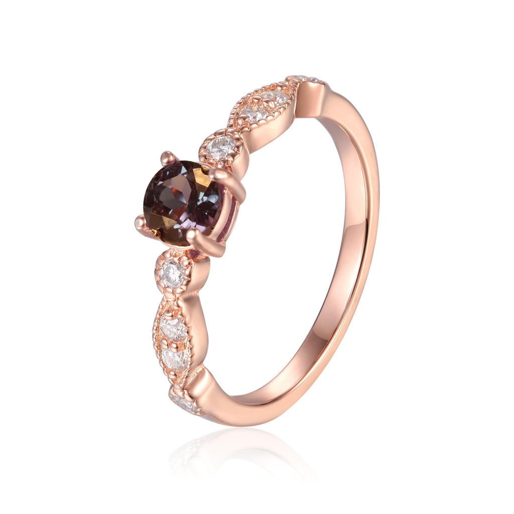Alexandrite Engagement Ring with Moissanite accents in Rose Gold Plated Sterling Silver - FineColorJewels