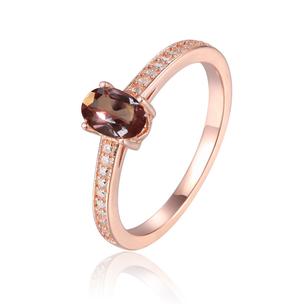 Created Alexandrite Solitaire Ring with Moissanite Accents in Rose Gold Plated Sterling Silver - FineColorJewels