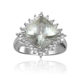 Green Amethyst Cushion Checkerboard Halo Ring - FineColorJewels