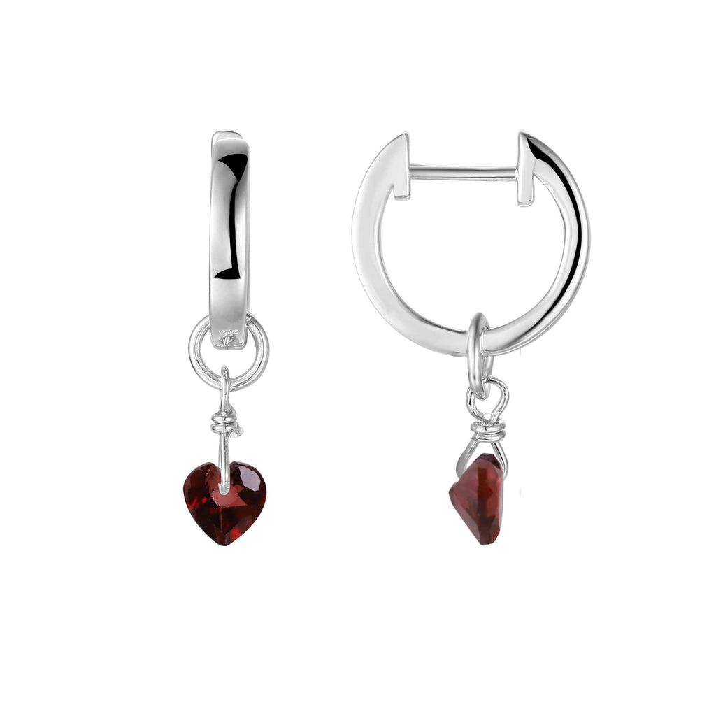 Natural Garnet Dangling Rhodium Heart Earrings