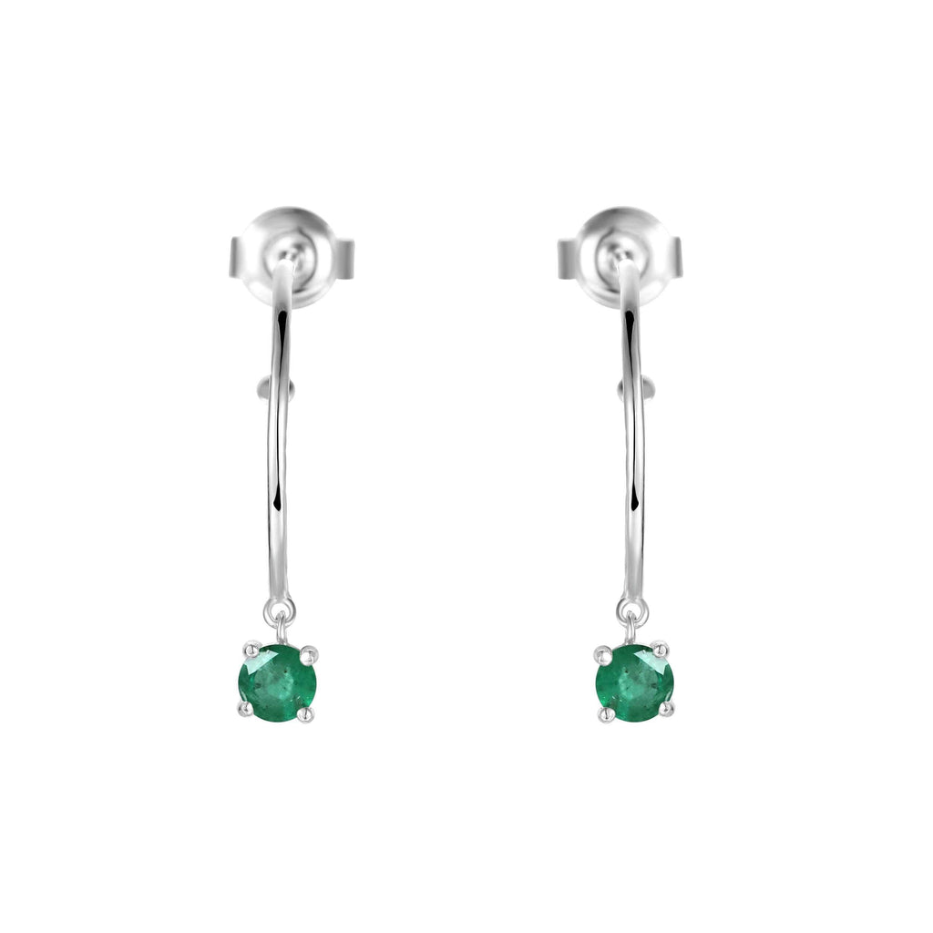 Genuine Emerald Dainty Round Rhodium Hoop Earrings