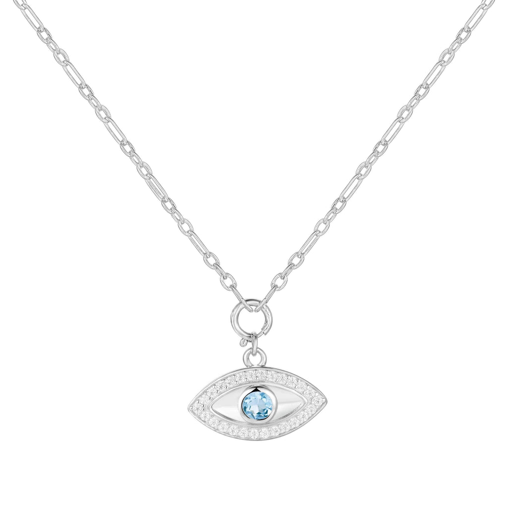 Natural Blue Topaz Rhodium Plated Evil Eye Necklace